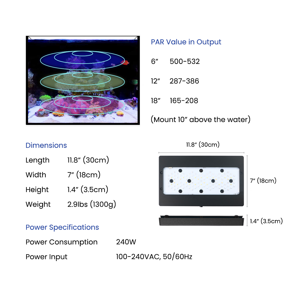 ضوء LED كامل الطيف بقوة 240 وا - مراجعة Aquarium Blue Marine Reef وسعره